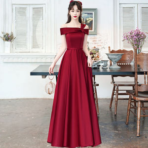 Off The Shoulder Burgundy Satin Evening Dress Natural Waist Long A Line Formal Wedding Party Dress - Product Image 2