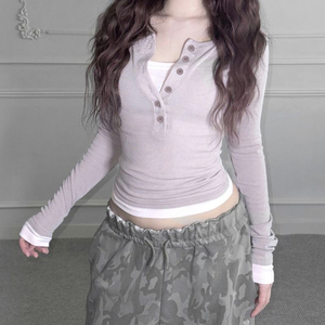 Camiseta de Manga Larga con Cuello en V de Color Sólido con Diseño de Dos Piezas Simuladas, Ajuste Entallado y Hombros Regulares, Tejido Transpirable para Otoño, para Mujer - Product Image 2