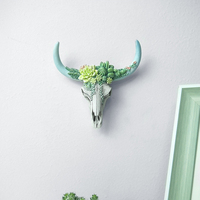 Décor mural en résine de vache avec fleurs succulentes, Statue à corne, décor pour pépinière, tête de taureau