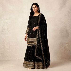 Ensemble Kurta Palazzo Dupatta brodé noir pour femmes, costume de mariage ethnique traditionnel - Product Image 1