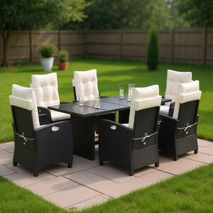 Ensemble de salle à manger de jardin en rotin blanc crème et noir, 6 places, mobilier d'extérieur résistant aux intempéries, design contemporain - Product Image 3