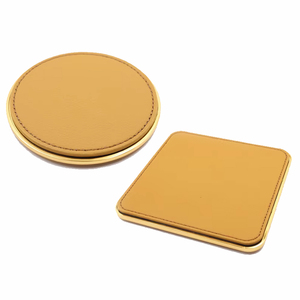 Sous-verre en cuir de luxe minimaliste personnalisé, rond ou carré, avec bordure métallique, pour bar, hôtel, maison, bureau, décoration - Product Image 3