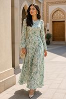 Robe longue élégante grande taille à imprimé floral double couche pour femme, manches longues, abaya musulmane modeste, ample et fluide