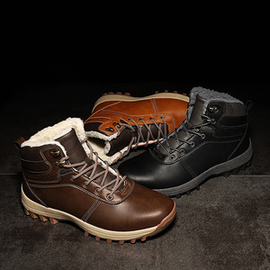 Bottes de neige pour hommes, hauteur de la cheville, en cuir véritable, doublure en peluche, chaudes, antidérapantes, semelle épaisse, bout rond, grande taille - Product Image 4