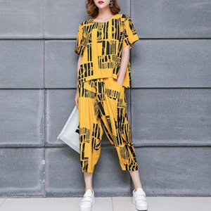 Women's Summer Casual Two Piece Set Loose T Shirt Cropped Harem Pants Artistic Print Plus Size Yellow Green Polyester - Product Image 1