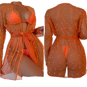 Nuevo Conjunto de Bikini Sexy Transparente de 3 Piezas con Top Corto, Vestido de Baño y Pantalones Cortos Casuales con Protección Solar, de Spandex/Nylon Sólido y Malla de Perlas Hueca - Product Image 1