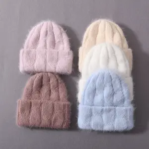 Factory Cuffed Thick Warm Elastic Soft Knit Hat Winter Fluffy Long Cashmere Women Wholesale Skull Chunky Custom Beanie Wholesale