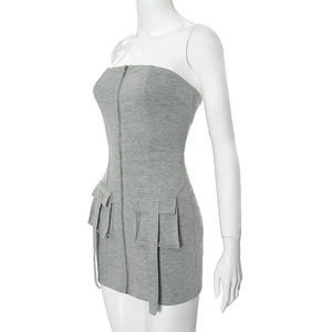 Vestido de tubo ajustado sin mangas de color liso vintage al por mayor con bolsillos y cremallera para mujer, ideal para club y moda. - Product Image 4
