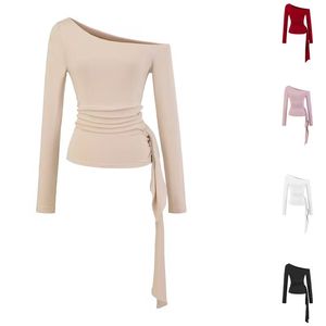 T-shirt décontracté en coton respirant à manches longues pour adulte, avec épaules asymétriques et taille cintrée, design élégant, teinture unie - Product Image 1