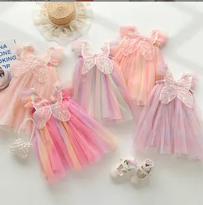 El nuevo verano arcoíris ala gasa niñas vestido mosca manga bebé princesa vestido