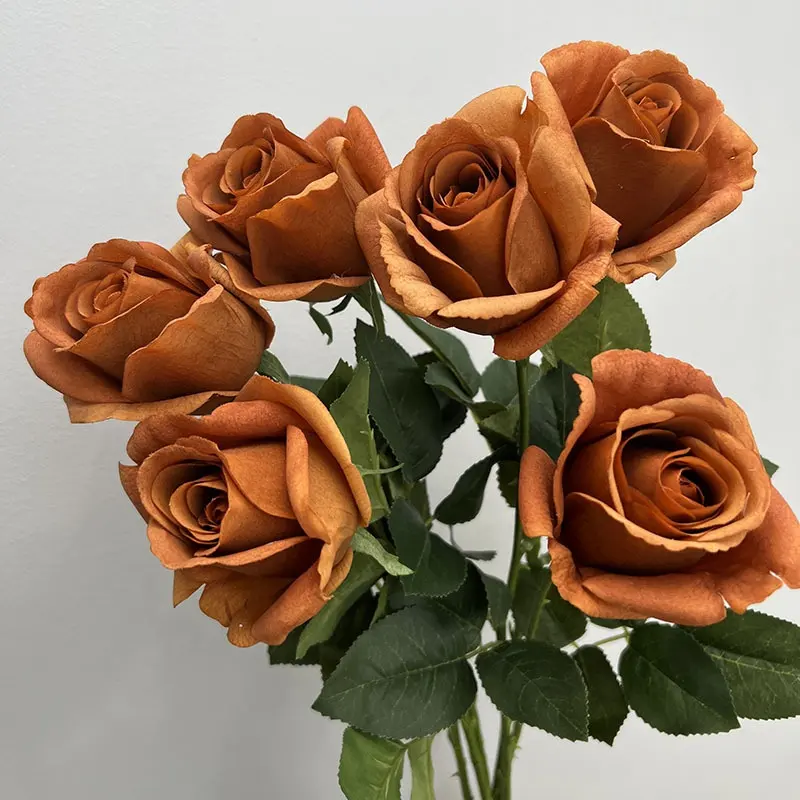 Rosas artificiais toque real, rosas queimadas, laranja, haste longa, buds de rosa de látex, decoração de casa, A-862
