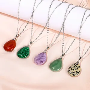 JD Natural Stone Aventurine Jasper Turquoises Quartz Crystal Sliver Plated Drop Shape Charms Necklace For Women Fashion Jewelry