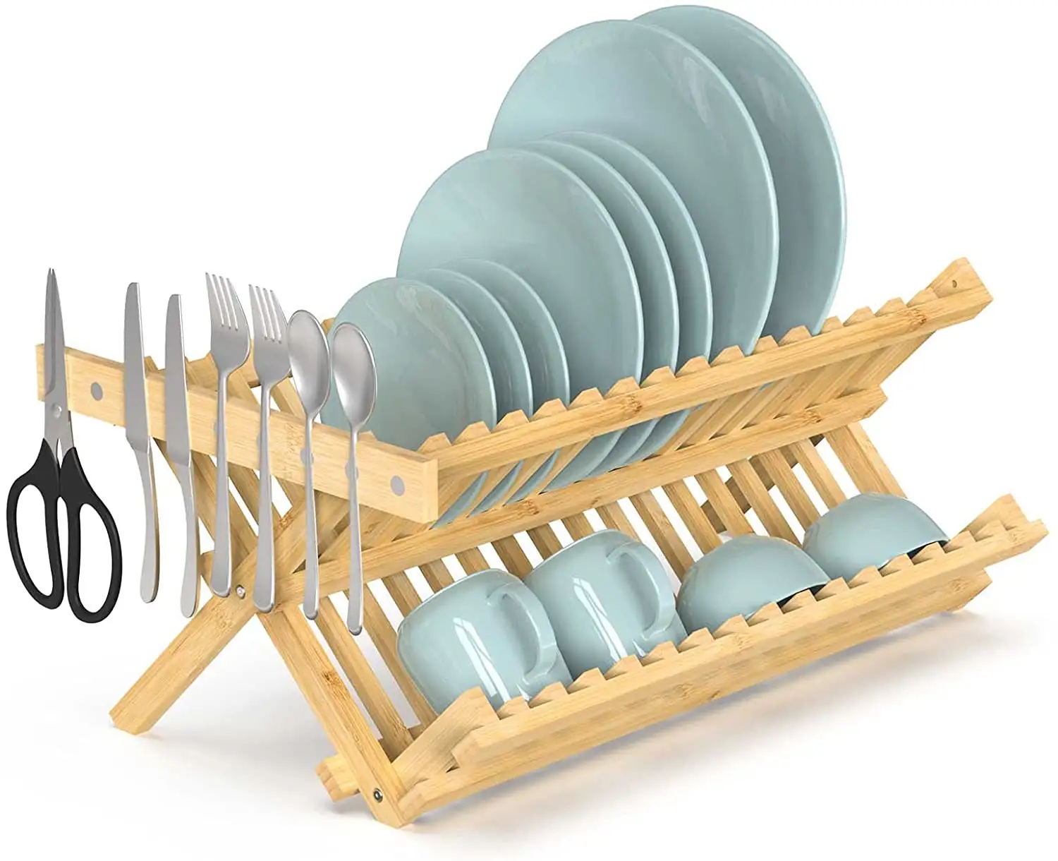 Durable Folding Wooden 2-Tiers Kitchen Collapsible Bamboo Dish Drying Rack With Magnetic Utensils Strip
