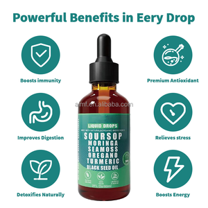 Gocce Liquide Biologiche di <span class=keywords><strong>Soursop</strong></span>, Seamoss, Moringa, Origano, Curcuma e Olio di Semi Neri, 60ml, Senza Glutine, Vegano, Integratore Erboristico per l'Immunità degli Adulti - Product Image 2