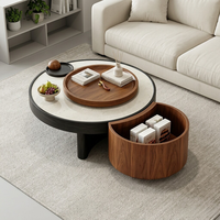 Table basse ronde moderne avec rangement, placage en bois de noyer, plateau en pierre frittée, meubles de salon