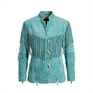 Women's Turquoise Cowhide Leather Fringe <b>Jacket</b> Full Sleeve Waterproof Casual All Seasons Style - Product Image 1