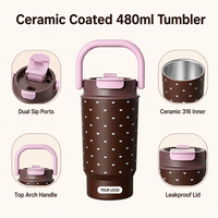 Mug de voyage isotherme 480 ml en acier inoxydable 316 avec revêtement céramique, poignée en U, couvercle à double paille anti-fuite
