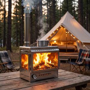 Poêle à bois portable en acier inoxydable <span class=keywords><strong>de</strong></span> qualité supérieure avec fenêtre <span class=keywords><strong>de</strong></span> visualisation en verre sur 3 côtés, pour tente, barbecue, pêche et rassemblements - Product Image 4