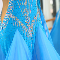 Robe de Danse de Salon Professionnelle pour Femme, Modèle Adulte, Bleue, pour Compétition, avec Manches Transparentes et Jupe Drapée, pour Valse, Tango, Foxtrot et Danse Latine