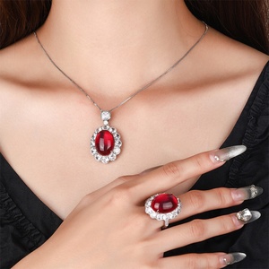 High Quality Eco-friendly Copper Oval Cut 15*20mm Red Cubic Zirconia Pendant Necklace Retro Wedding Bridal Ring Set - Product Image 6