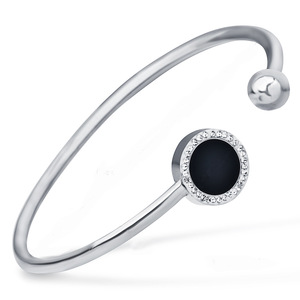 Brazalete abierto de acero inoxidable con piedra negra y círculo con incrustaciones de diamantes, joyería de moda, regalo para mujer - Product Image 1