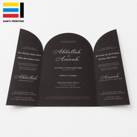 Carte de vœux pliée en trois, forme arquée de luxe, calligraphie arabe, carton noir mat, impression de logo personnalisée pour mariage islamique