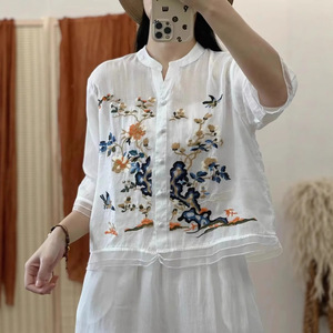 Orange Cotton Linen Short Sleeve Shirt With Embroidery Chinoiserie Pattern Loose Fit Women's Blouse Everyday Wear - Product Image 4