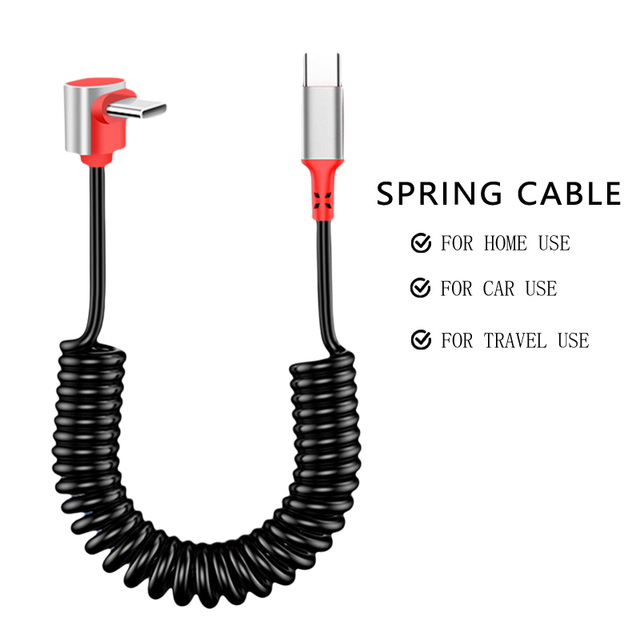 Retractable Type-C USB-C Cable PD 100W Fast Charging 90 Elbow Cord TPE/TPU Cars/Motorcycles CarPlay/CarLife Custom