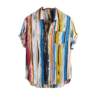 Chemise décontractée pour homme à manches courtes, rayée, boutonnée, col rabattu, tissu tissé imprimé pour l'été - Product Image 1