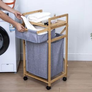 Modern Slim Collapsible Bamboo Large Double <b>Laundry</b> <b>Hamper</b> Foldable <b>with</b> Wheels <b>Lids</b> Handles Home Organizer - Product Image 4
