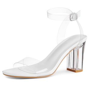 Sandali da Donna di Alta Qualità <span class=keywords><strong>con</strong></span> <span class=keywords><strong>Tacco</strong></span> Alto e Grosso, Punta Rotonda, Cinturino alla Caviglia Trasparente, Slip-on per Abiti Eleganti - Product Image 1