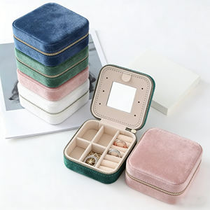 Custom Logo <b>Velvet</b> Jewelry Box Organizer Earring Ring Necklace Bangle Portable Jewellery Travel Case Mirror 10x10x5cm Zipper - Product Image 1