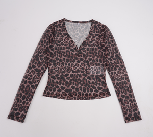 Women‘s Leopard Print Mesh Cover Up, Deep V-Neck <b>Sheer</b> Long Sleeve Top with Sexy Detail, American Y2K Streetwear <b>Blouse</b> - Product Image 2