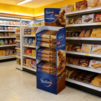 Support de présentation au sol en carton de haute qualité, design personnalisé, pour supermarchés, magasins de détail, snacks, bonbons, chocolats, gaufrettes
