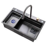 Évier de cuisine en acier inoxydable noir avec robinet cascade, robinet extractible et accessoires multifonctions