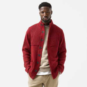 Cardigan da Uomo in Misto Lana Donegal Rosso Maculato con Collo Alto e Dettaglio a Costine sul Colletto - Product Image 1