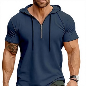 Men's Hooded Short Sleeve T-Shirt Solid Color Quick Dry Regular Fit Casual Knitted Polyester Jersey 200g Blue - Product Image 2