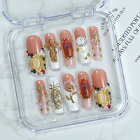 Faux Ongles de Luxe Réutilisables en Acrylique de Haute Qualité, Faits Main, Longs, Couverture Complète, Motif Croix d'Ange 3D, Vente en Gros