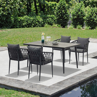 Ensemble de 5 chaises de salle à manger d'extérieur modernes et durables, ton foncé, avec cadre en aluminium, dossier en corde, accoudoirs et plateau en verre céramique, résistant aux intempéries