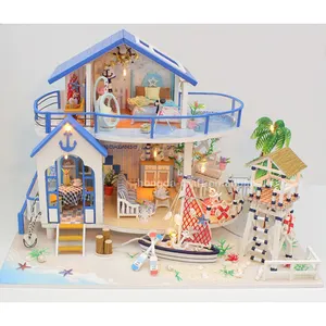 Offre Spéciale Jouets Avec La Lumière Diy Mini Dollhouse Miniatures Kit Double Étages Océan Style Bungalow Miniature Poupées Maison