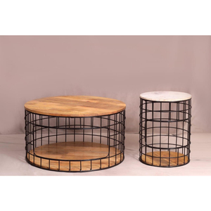 modern furniture Round Wood <b>Coffee</b> <b>Table</b> with Iron <b>Wire</b> Frame Storage Living Room Furniture - Product Image 2