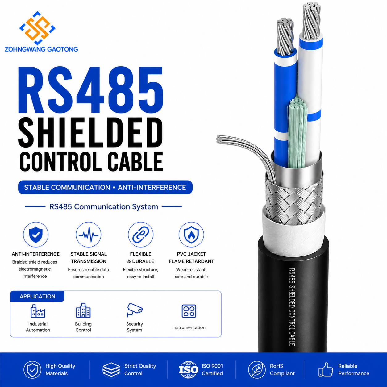 RS485 <strong>Shielded</strong> Communication <strong>Cable</strong> <strong>2</strong> <strong>Core</strong> 0.5-1.5mm&sup2; <strong>Twisted</strong> <strong>Pair</strong> for Industrial Control and Data Transmission OEM CE