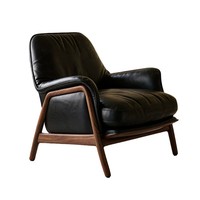 Fauteuils JP, fauteuils inclinables, sièges de loisirs en cuir noir et bois massif avec repose-pieds, adaptés aux halls d'hôtel et aux salons.