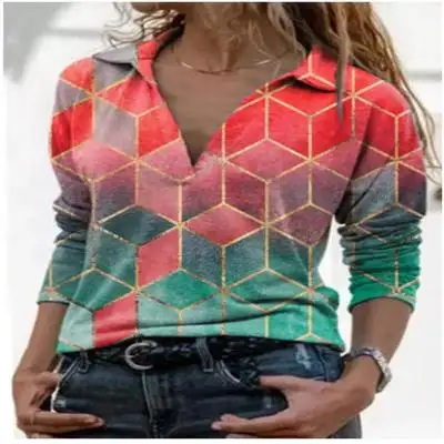 2021 Vrouwen Lente En Zomer Nieuwe Straat <span class=keywords><strong>Hipster</strong></span> Slanke Plus Size Geometrische Print Revers Lange Mouwen T-shirt Shirts Voor vrouwen