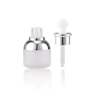 Custom Glas Bottles for body oil Round Bottom Thick wall Metal Shoulder Cover 30ml 1oz Frosted Silver Bottle with Dropper