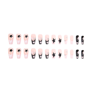 Faux ongles Y2K à presser, 24 pièces, nude et noir, forme cercueil, réutilisables, couvrance totale, en acrylique avec motif étoile - Product Image 2