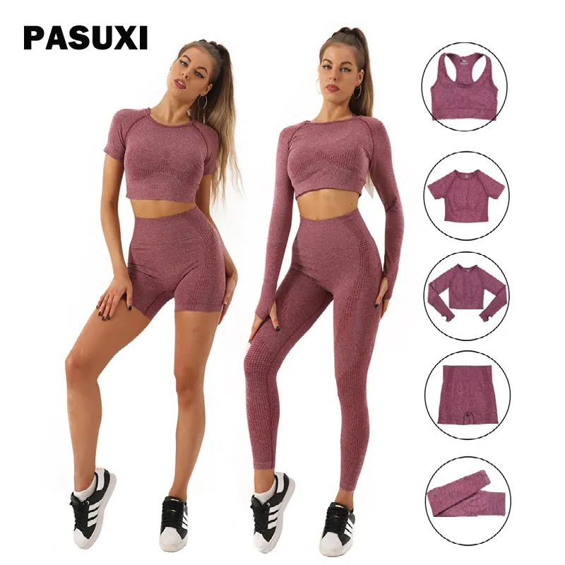 Pasuxi conjunto de 5 peças para academia, feminino, sem costura, cor sólida, quadril de cintura alta e umbigo, fitness, corrida