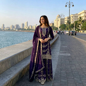 Deep Purple Heavy Embroidered Sharara <b>Dress</b> Indian Wedding Guest Sangeet Reception Suit - Product Image 1