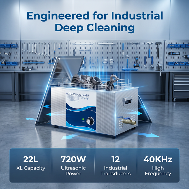 22L 720W Ultrasonic Cleaner with 12 Transducers 40KHz 30mins Mechanical Timer Stainless Steel Ultrasonic Cleaning Machine