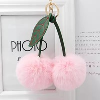 Porte-clés mignon et moelleux en forme de cerise, pompon en fausse fourrure, breloque de sac en cuir en forme de feuille, pour femmes et filles